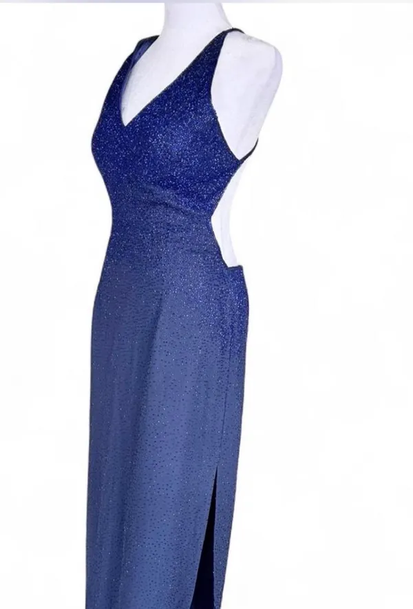 Scala Y2K Midnight Blue Silk Beaded Backless Halter Gown - Image 6