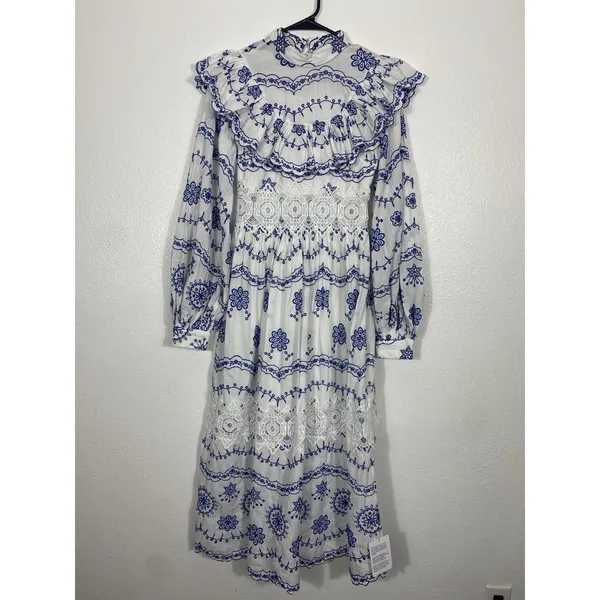 ASOS EDITION White Blue Embroidered Maxi Dress Lace Long Sleeve US 2 . - Image 2