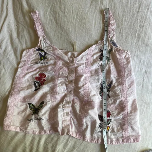 Lyrebird Pink Cottagecore Cotton Sleeveless Embroidered Lace Button Down Top L - Image 8