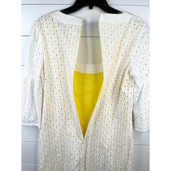 Trina Turk White Eyelet Bell Sleeve A-Line Dress Size 8 Yellow Lining Cotton - Image 9