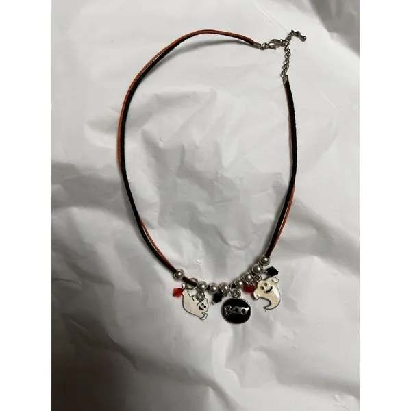 Halloween Ghost Boo Charm Necklace Black Orange Faux Suede‎ Cord 17 Inch - Image 3