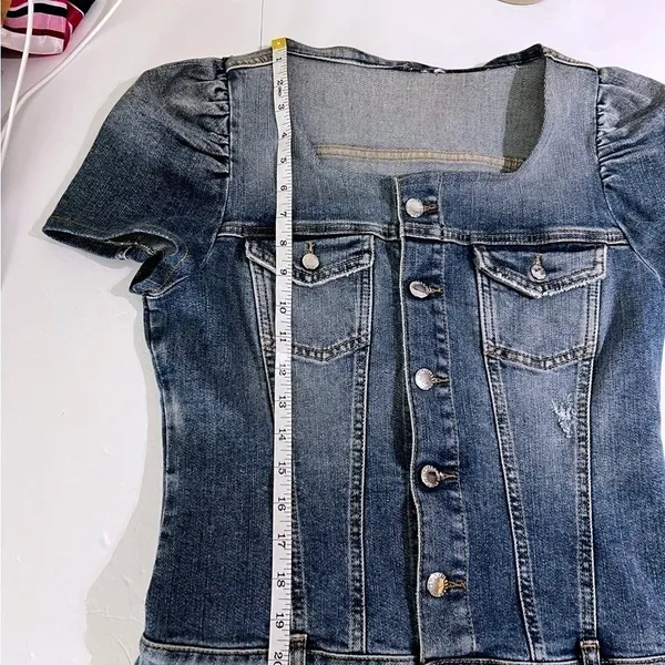 Retrofête Denim Sibi Mini Dress Puff Sleeve Square Neck Blue Wash Size M - Image 8