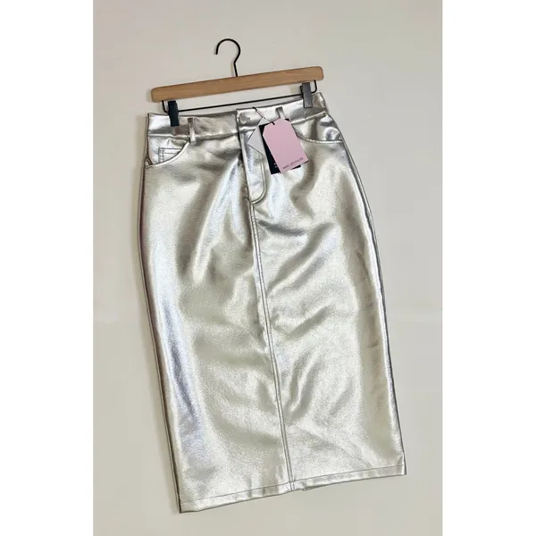 NWT!! AVEC LES FILLES Shimmering Silver Pencil Skirt Metallic Pockets Medium - Image 2