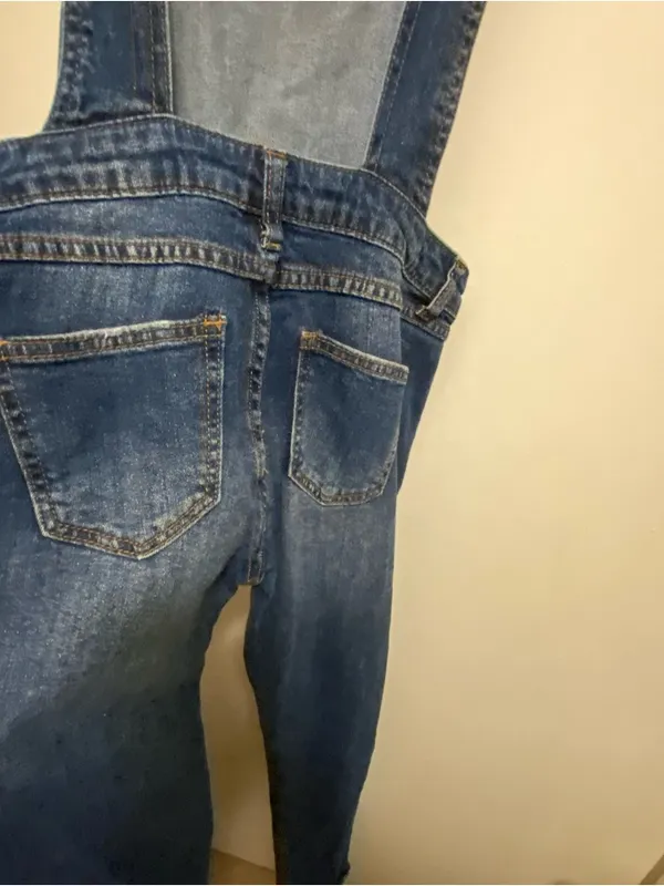I&M Jeans Womens Dark Blue Wash Denim Overalls Pants S Small 29” Distressed - Image 8