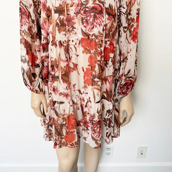 [H&M] Pink Floral Print V-Neck Tiered Chiffon Balloon Sleeve Mini Dress Size 6 - Image 5