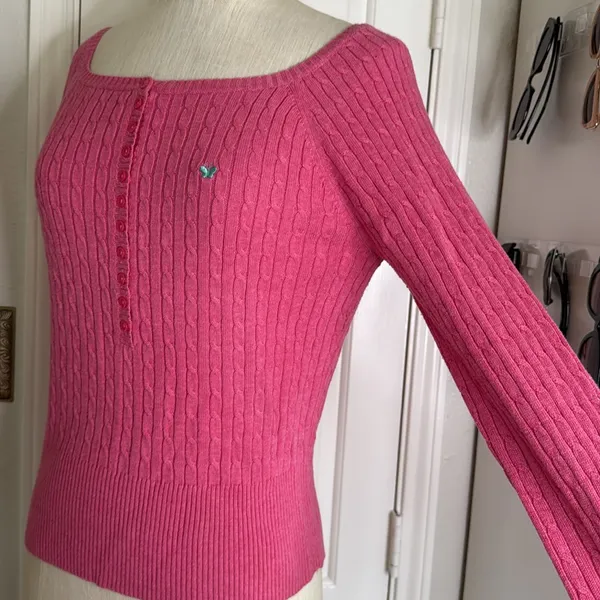 Aeropostale y2k label cableknit cropped half button sweater butterfly logo - Image 14