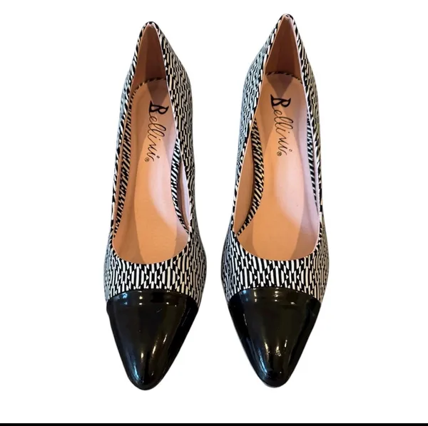 Bellini Black White Print Pump Shoes Pointed Toe Heels 10 - Image 2