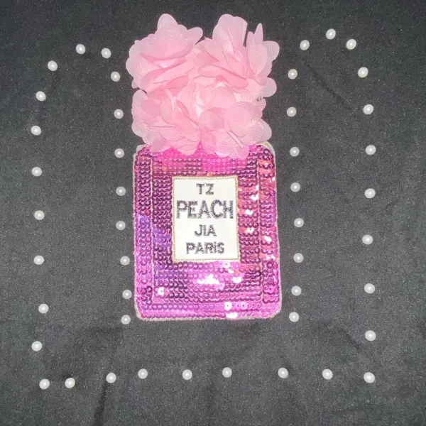 Black Graphic Tee Medium Perfume Bottle Sequin‎ Pearl Embellished Cute Girly Top - Image 2