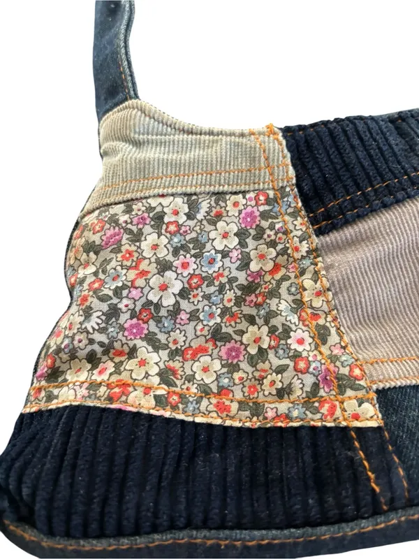Denim Blues Boho Denim Patchwork Purse/Bag/Corduroy Floral Zip Top 12X7 Hobo - Image 2