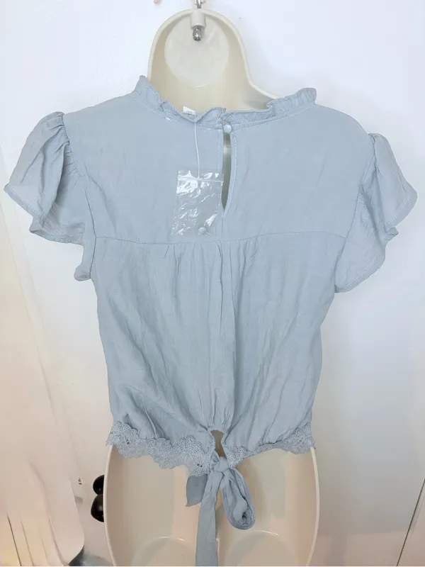 Mine Dusty Blue Lace Trim Blouse Short Sleeve Ruffle Neck Boho Women’s M - Image 9