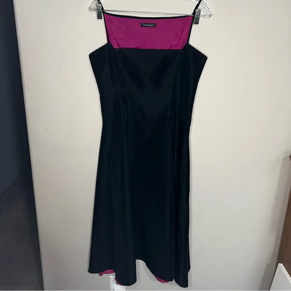 Tahari Black Vintage Y2K Square Neck Pink Hem Spaghetti Strap Midi Dress‎ - Image 2
