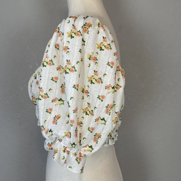 For Love & Lemons Lola Pointelle‎ Crop Top Size L White Floral Short Puff Sleeve - Image 5