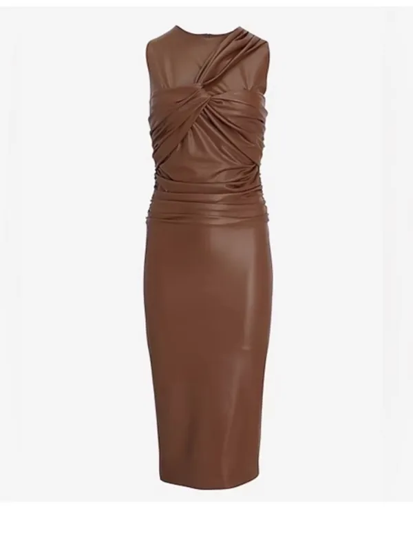 $228 Nwot Express Mocha Body Contour Twist Front Faux Leather Midi Dress Xs - Image 2