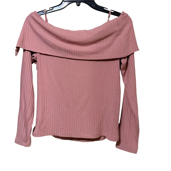 Anthropologie Pink Ribbed Off Shoulder Long Sleeve Button Detail Top Small‎ - Image 3