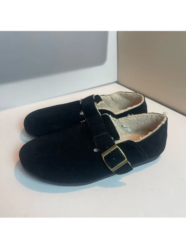 CUSHIONAIRE Women's Nest Genuine Suede Slip-On Shoe Faux Shearling & Buckle 7.5 - Image 4