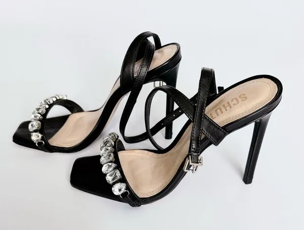 $138 Revolve Statement Black Lylah Strappy Rhinestone Sandal Heels 6 - Image 8