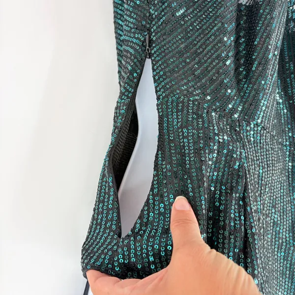 Grace Karin Y2K Sequin Top Sz S Teal Strappy Peplum Clubwear Indie Holiday Glam - Image 5