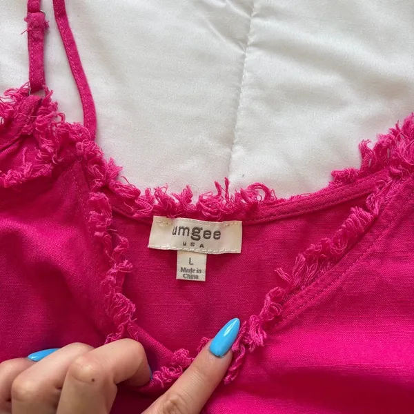 Umgee Cami Tank Top Womens Large Pink Linen Blend Frayed Fringe Tie Front‎ Beach - Image 4