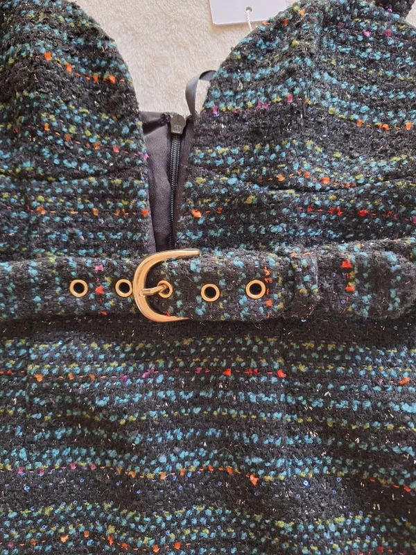 NWT Lovers and Friends Luz Tweed Mini Dress XS Black Blue Multi Belted Revolve - Image 15