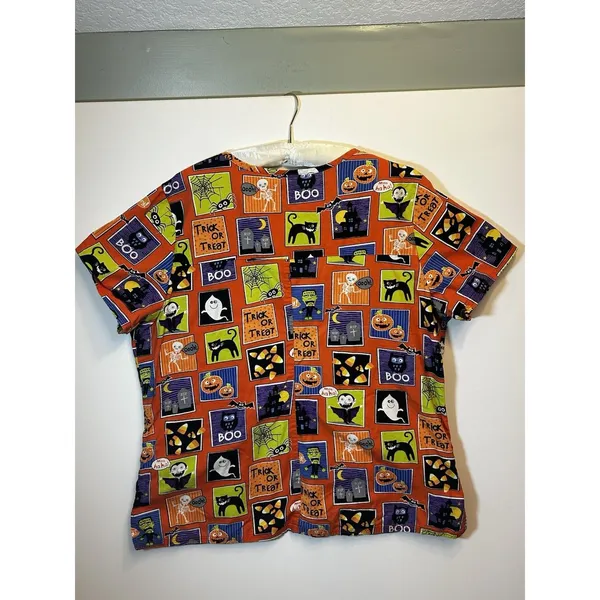 ScrubStar Halloween Scrub Top XL Ghost Pumpkin Black Cat Nurse Cotton Fun - Image 13