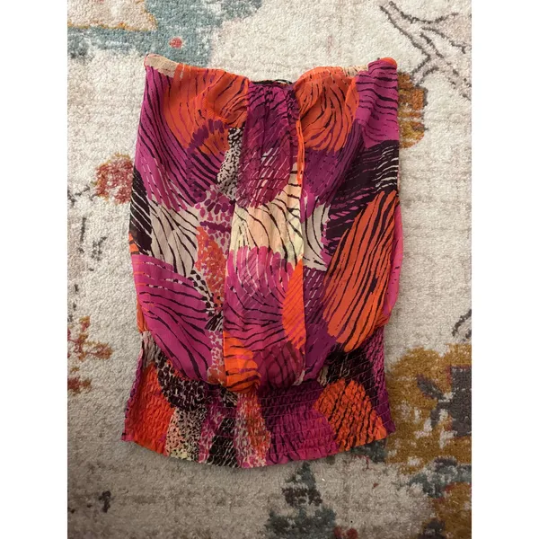 Silk Strapless Tube Top Pink Orange Abstract Print Smocked Hem Medium CMF10901 - Image 2
