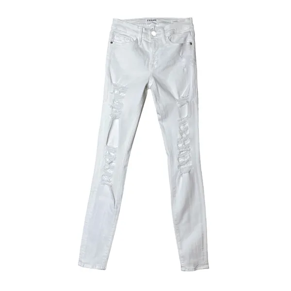 Frame Denim Le Skinny‎ De Jeanne Raw Hem Distressed Ripped White Jeans 24 $225 - Image 4