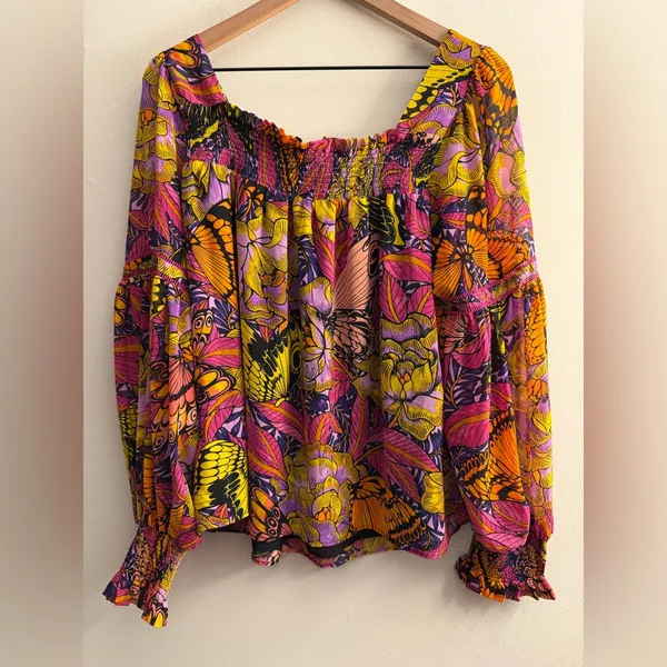 Anthropologie Alexandra Farmer Floral Butterfly Puff long Sleeve Blouse Flowy M - Image 3