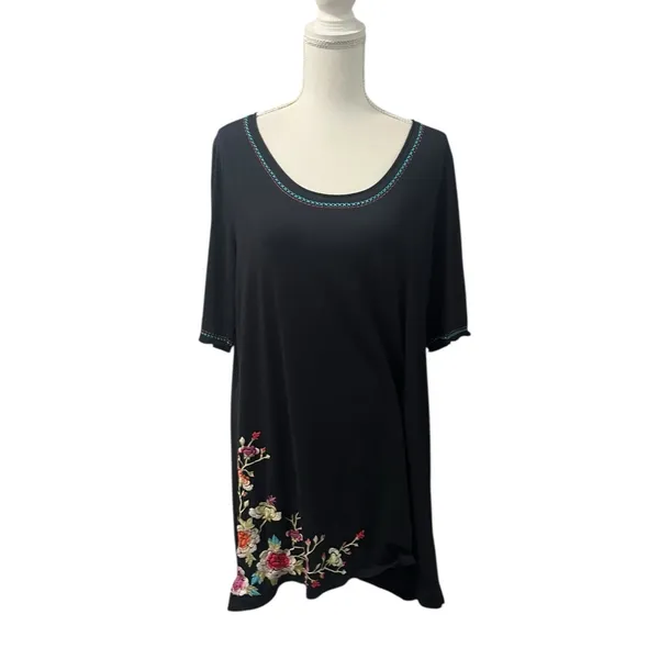 Johnny Was Embroidered Floral Black 100% Cotton Tunic Dress Scoop Neck Large - Image 2