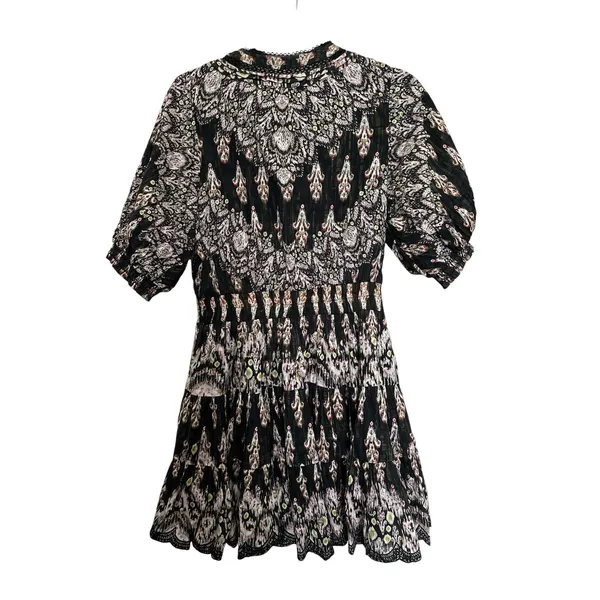 HEMANT & NANDITA Boho Paisley Ikat Embroidered Deep V-Neck Mini Dress Black SZ M - Image 3