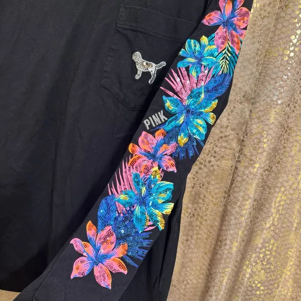 PINK Victorias Secret Black Tropical Floral Sequin Bling Long Sleeve Top Small - Image 5