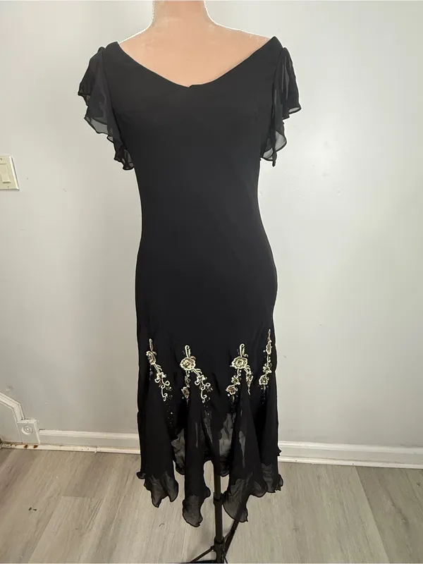 S.L. Fashions Black Midi Dress with Gold Floral Embroidery - Image 2