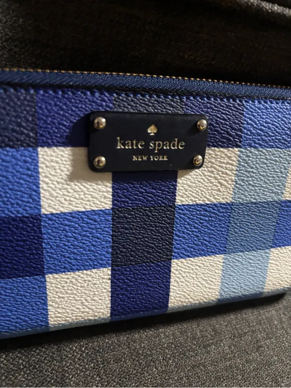 KATE SPADE - 'ANITA' Blue & White Plaid Check Continental Long Full Zip Wallet - Image 2