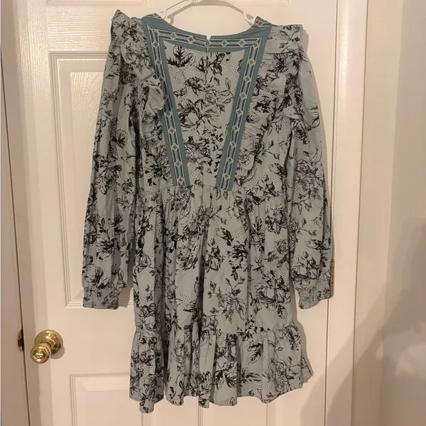 Anthropologie Mint Green Floral Mini Dress with Black Print - Image 3
