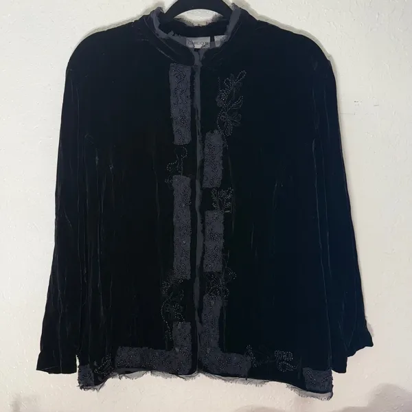 Chicos Black Silk Blend Velvet Beaded Lace Jacket Mandarin Collar Size 2‎ - Image 8