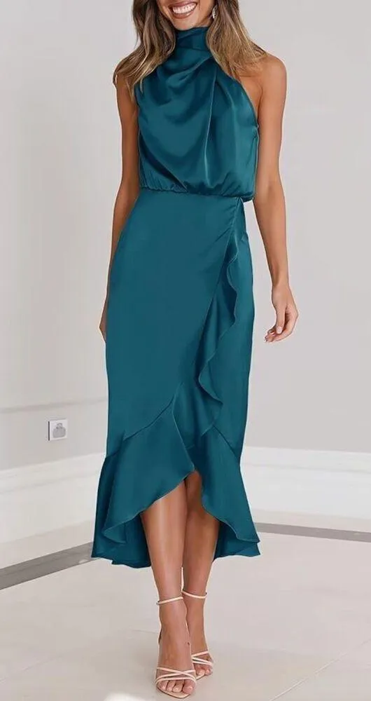 NEW Satin Sleeveless Mock Neck Wrap Mermaid Hem Maxi Dress XL - Image 5