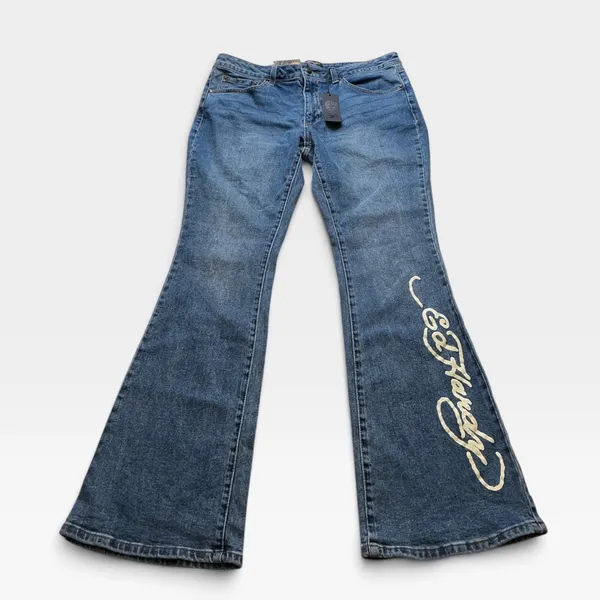 Ed Hardy Womens Low Rise Bootcut Jeans Blue Tattoo Embroidered XL NWT - Image 2