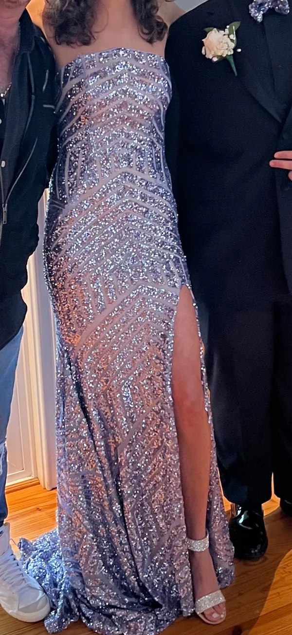 Jovani Chevron Sequin Strapless High Slit Gown - Image 7