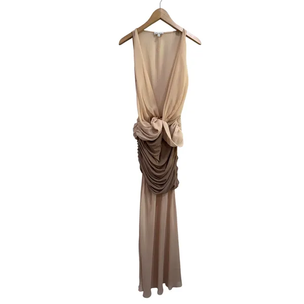 L'Academie Sleeveless Two Tone Beige Tan Chiffon Overlay Formal Evening Gown S M - Image 2