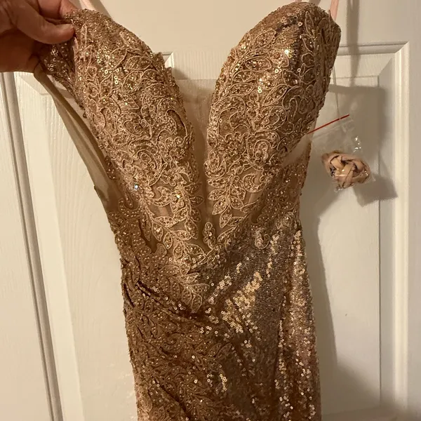 Strapless Gold‎ Embellished Gown By Ladivine CD3936 Size 4 - Image 5