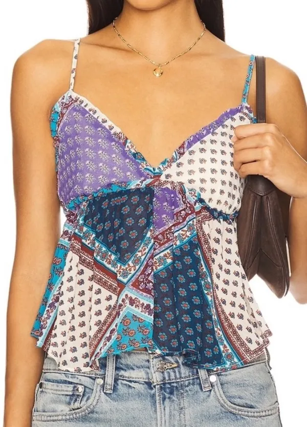 Free People Blue Teal Patchwork Spaghetti Strap Tank NWT - Image 4