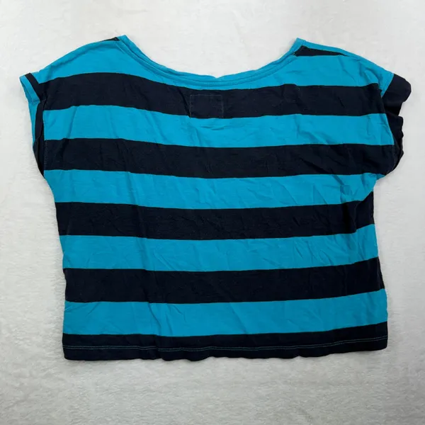 Y2K Hollister L Crop Top Striped Pocket Logo Blue Navy Short Sleeve Scoop Neck - Image 10