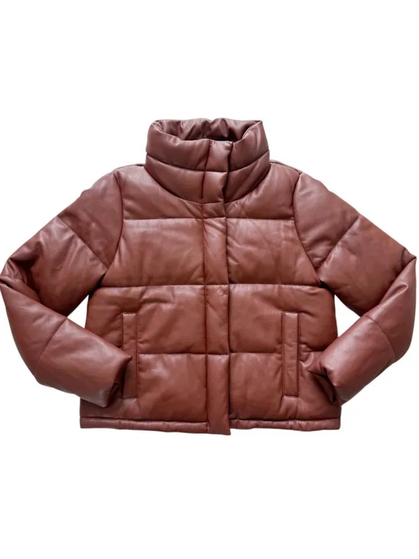 Abercrombie & Fitch Vegan Leather Mini Puffer Coat - Size Large - Cognac - Image 2