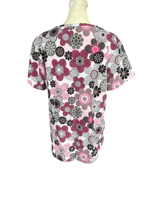 Women's pink, white, gray, black floral short sleeve v-neck scrub top size L - Image 4