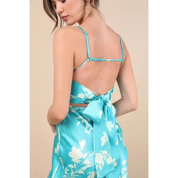 NWT Lulus Glamorous Efforts Aqua Floral Print Tie-Back Midi Dress Cruise Sz XS - Image 3
