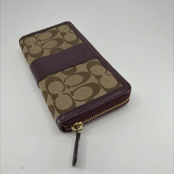 Coach Signature C Accordion Zip Khaki Burgundy Canvas Wallet - Image 4