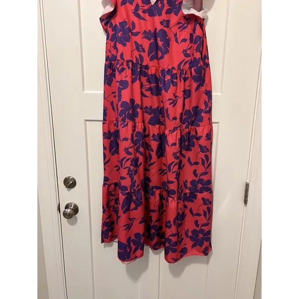 SHEIN Ruffle Tiered Sleeveless Pink Blue Floral Dress Women's Size Large Midi - Image 4