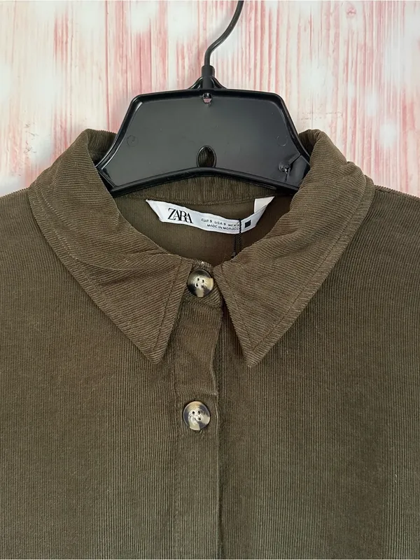 Zara Olive Green Corduroy Long Sleeve Tiered Ruffle Mini Dress Size S - Image 4