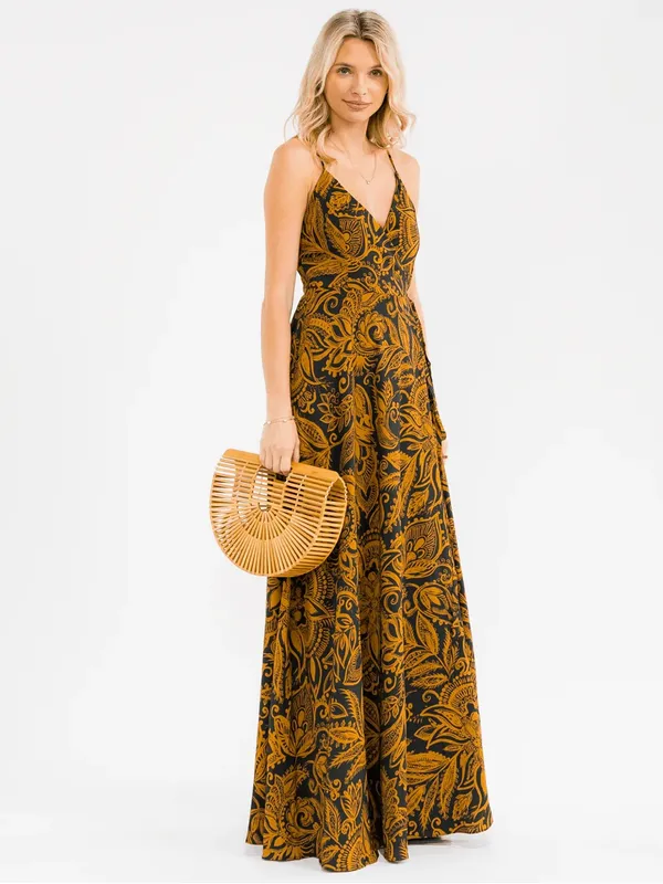 onetheland NWT Boho Floral Maxi Dress Mustard & Dark Green | Adjustable Straps - Image 3