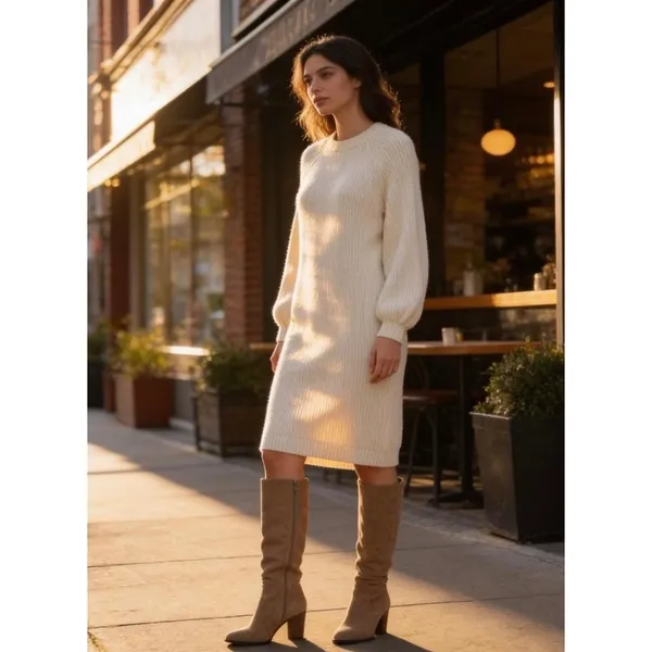 Ann Taylor Cream Ribbed Sweater Dress Raglan Balloon Sleeve Midi Ivory Size M - Image 2