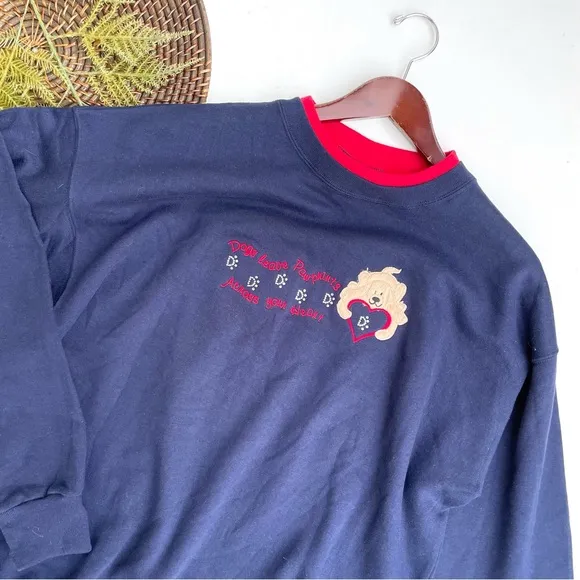 VTG Vintage Dog Sweatshirt Blue Red Patch Jeweled Grandma Large - Image 2